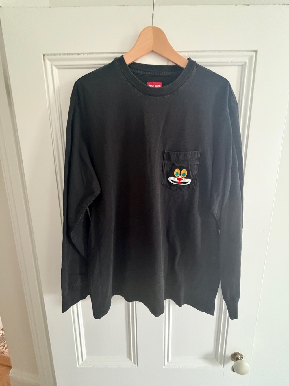 Supreme Black Long Sleeve Pocket Tee with Cartoon Cat Patch
